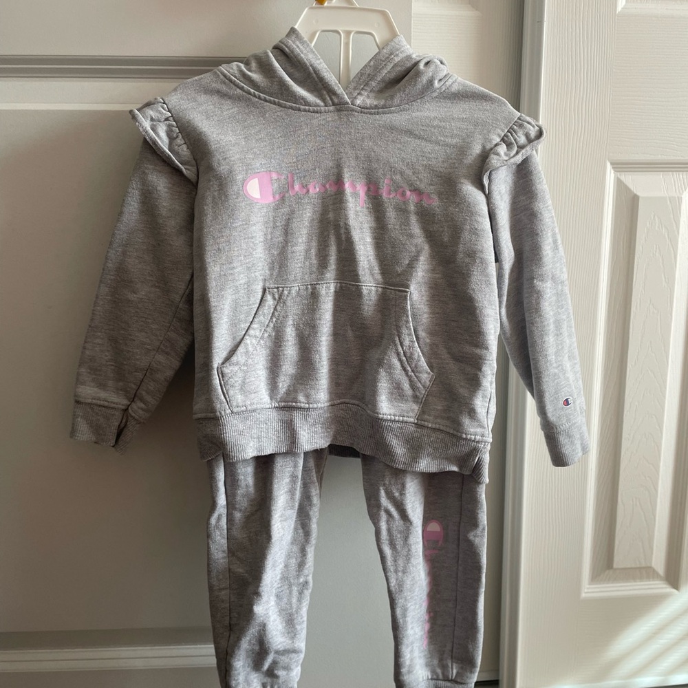 Champion Heather Gray Hoodie and Joggers with Pink Logo